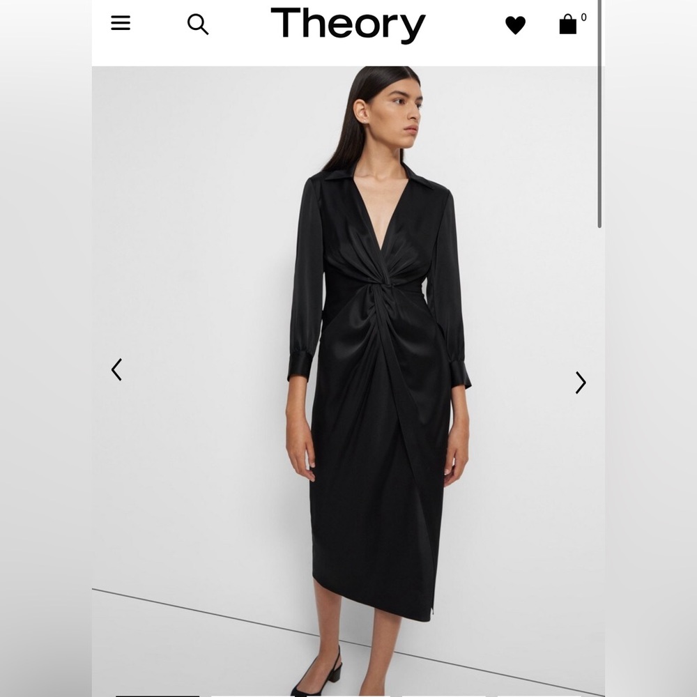 Theory Black Satin Silky Cocktail Midi Dress | Low V-Neck Collared US Med SZ 8